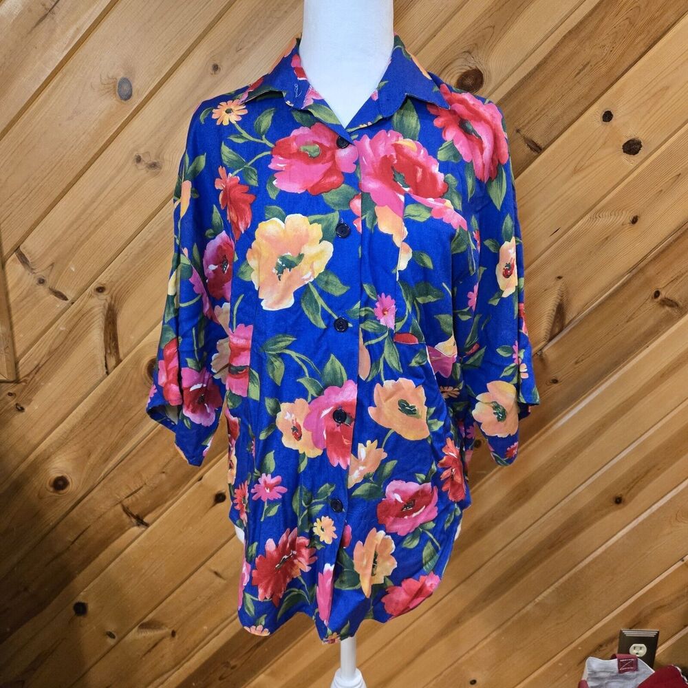 Vtg 80s Christopher & Banks Womens Floral Hawaiian Button Short Sleeve Large USA